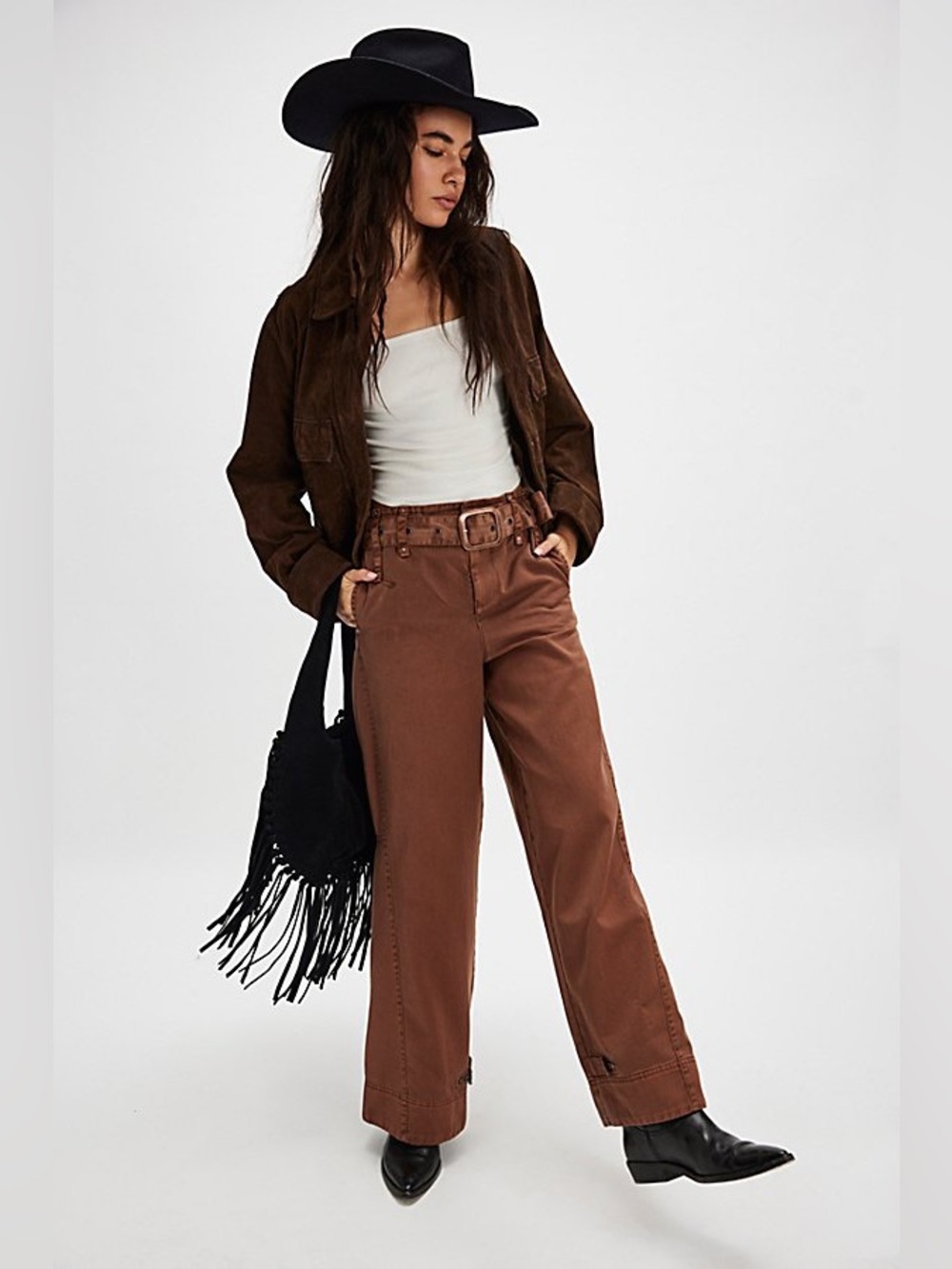Free People Sloane‎ Slouch Pants Brown Wide Leg Belted Medium